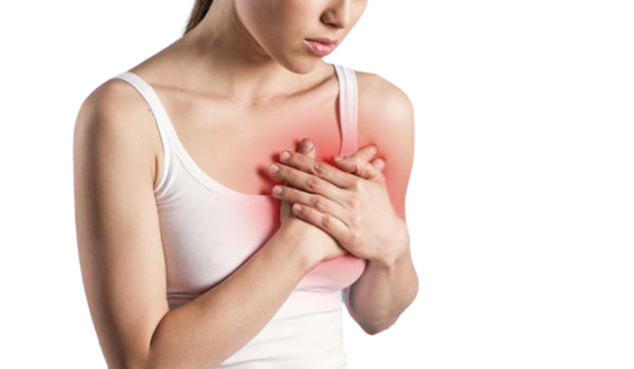 Mujer joven con las manos en el pecho experimentando taquicardia, con área del corazón resaltada en rojo indicando palpitaciones aceleradas
